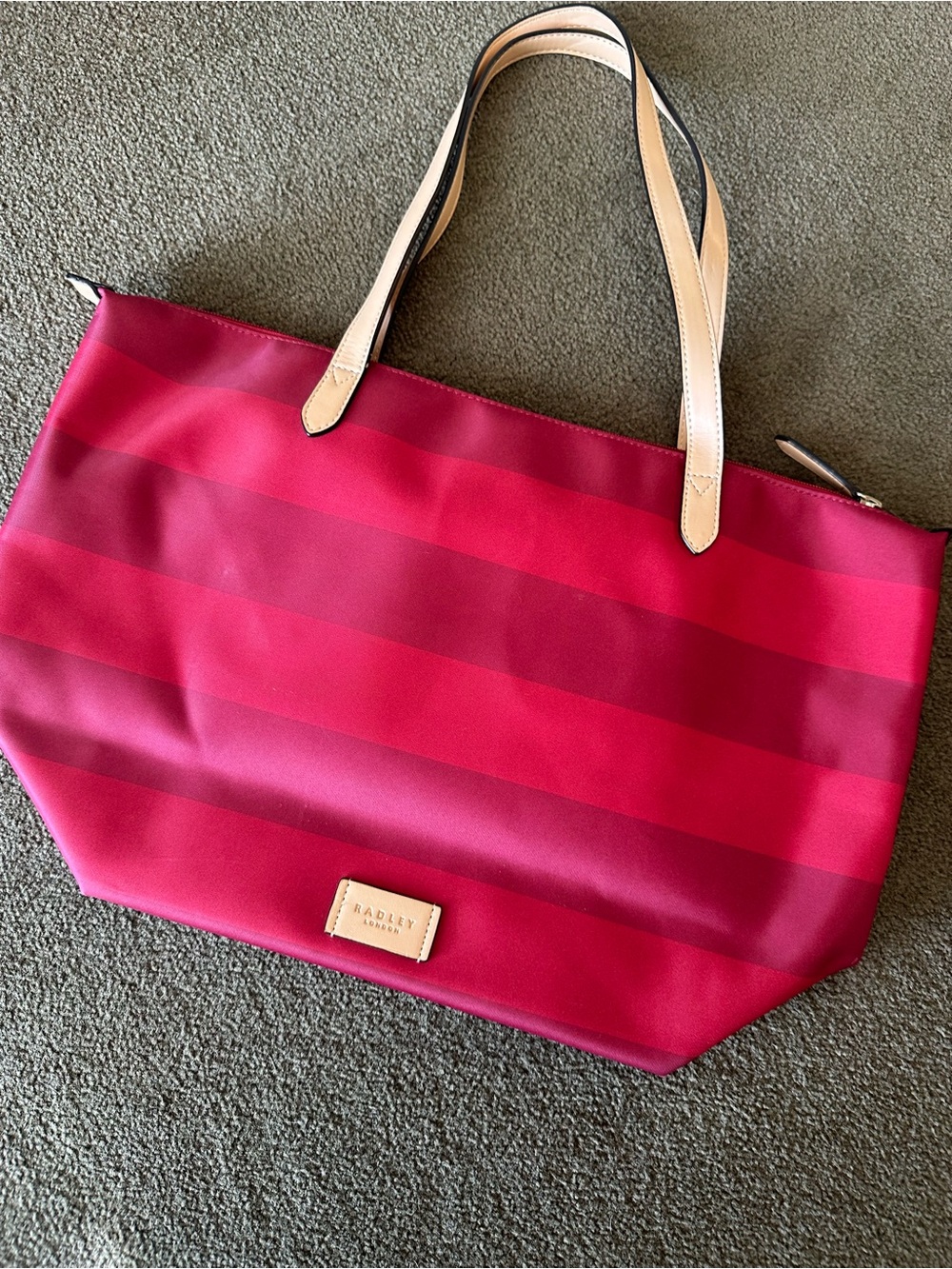 RADLEY LONDON Red and Dark Pink Striped Tote with Beige Handles